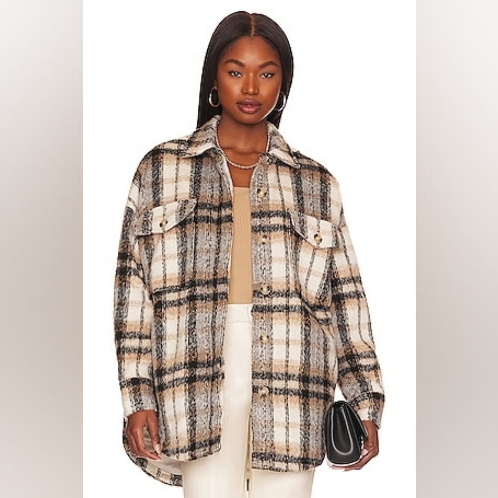 Good American Plaid Utility Jacket in Black, Brown, and Cream